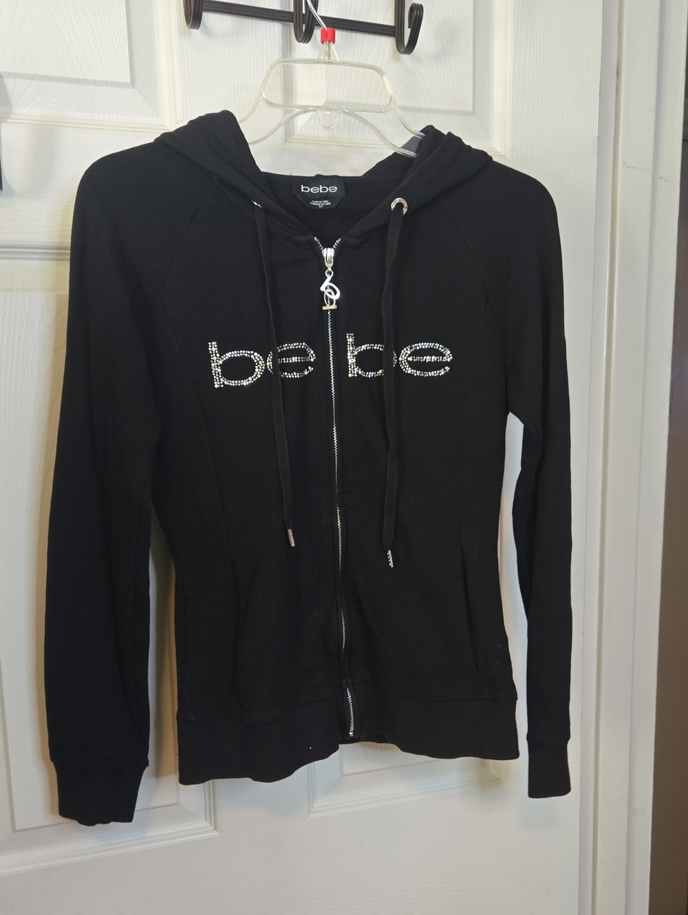 bebe Black Rhinestone Logo Zip-Up Hoodie